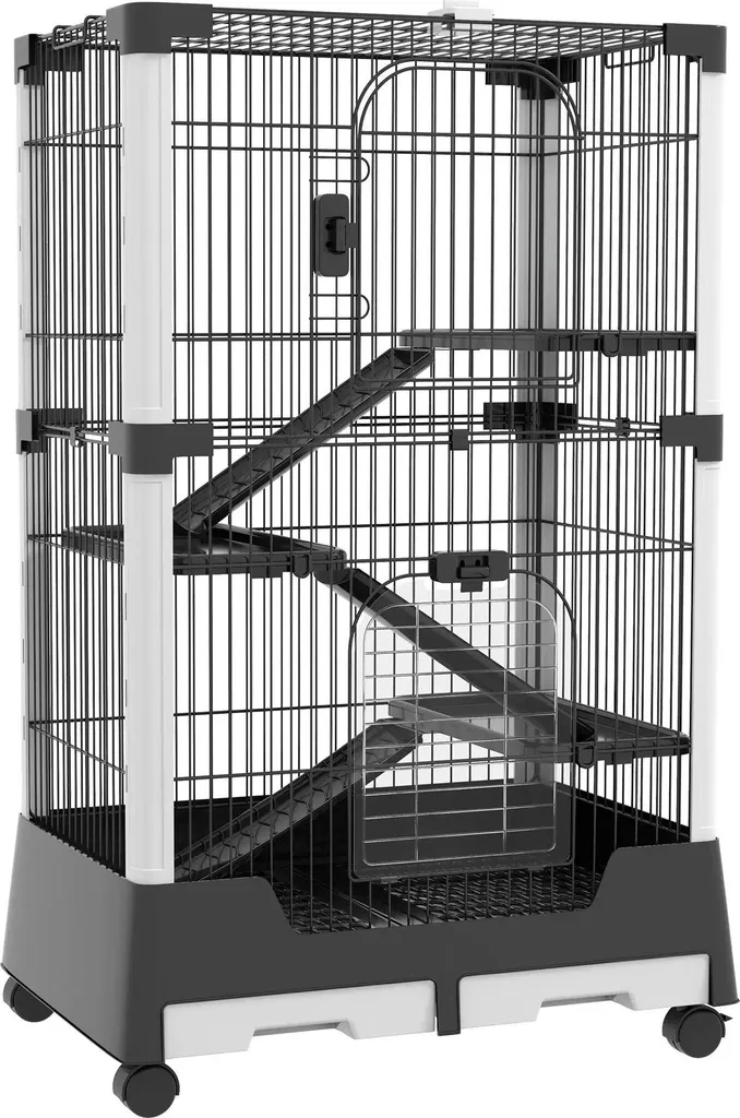 Cage Rongeurs Facile à Nettoyer - 3 Rampes et Niveaux - Acier Robuste