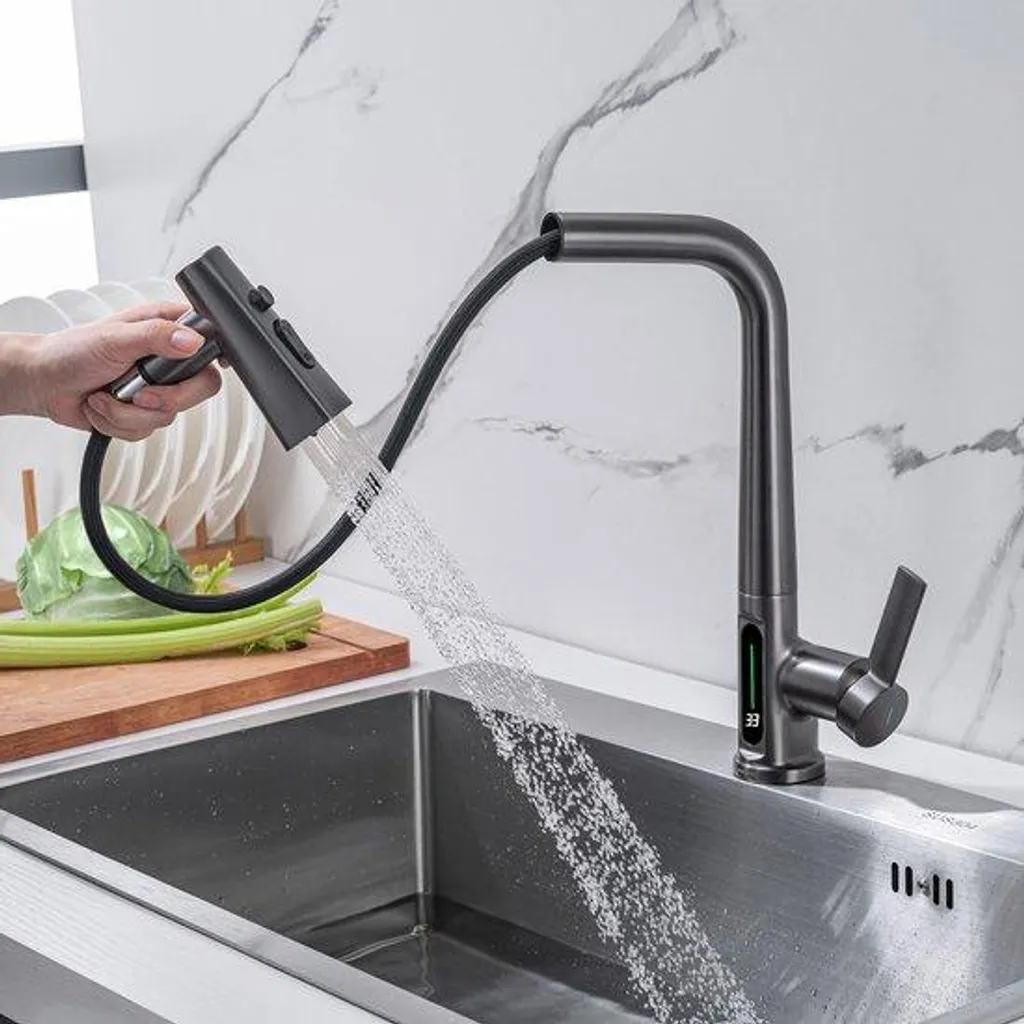 Mitigeur cuisine anti-brûlure gris avec LED température et douchette