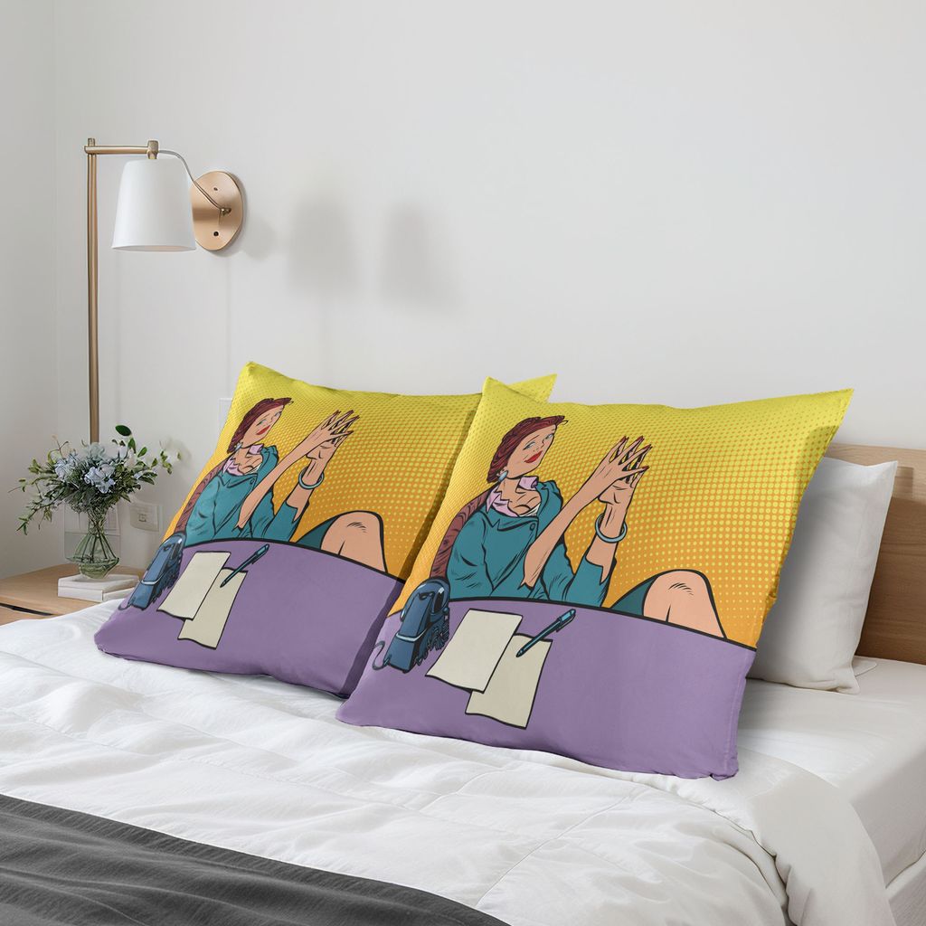 ABAKUHAUS Mädchen Boss Kissenbezug Packung mit 2, Bunte Pop-Art inspirierte Grafik eines Geschäfts Schreibtisch Telefon in ihrem Büro, Dekorativ...