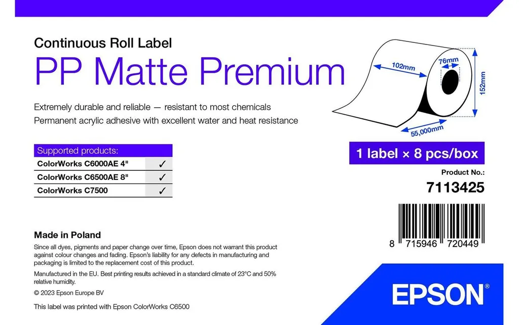 Rouleau d'Étiquettes Synthétiques Adhésives Mat Epson Premium