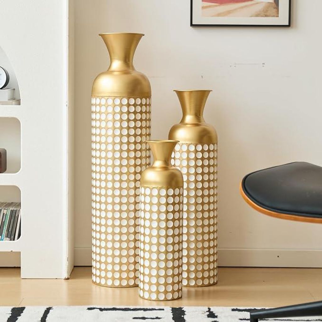 Metallische vloervazen set, 3 formaten, goud met wit Productafbeelding 