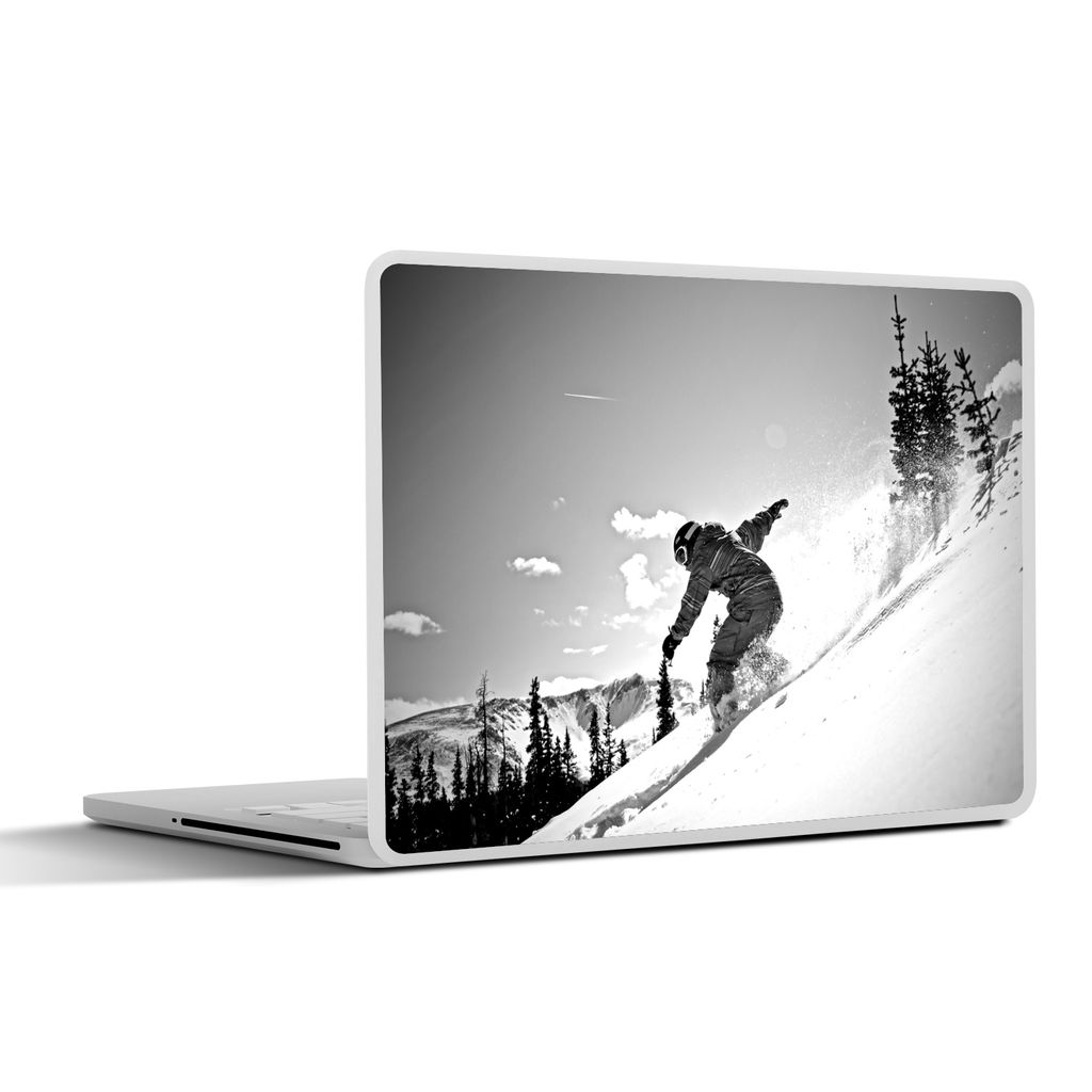 MuchoWow Laptop Aufkleber Sticker Cover Ein Snowboarder balanciert auf seinem Brett auf der Piste - schwarz und weiß 30x22 cm - Laptop-Sticker