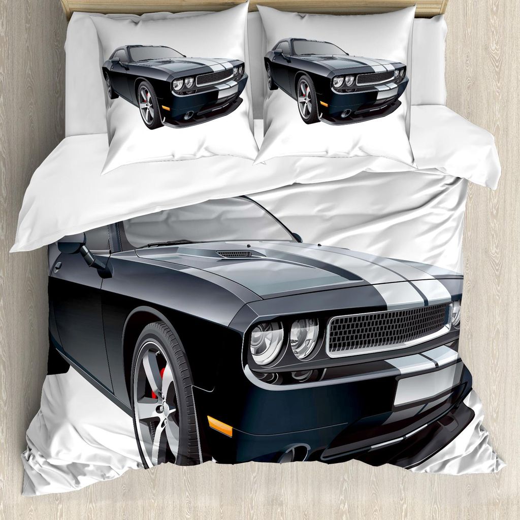 ABAKUHAUS Autos Bettbezug Set, Schwarzes modernes Pony-Auto mit weißen laufenden Streifen coupe Sport Dragster Druck, 155 x 220 cm + 80 x 80 cm, S...