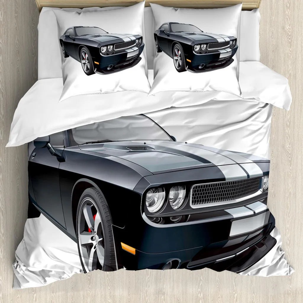 Set copripiumino ABAKUHAUS, auto pony moderna nera con strisce bianche stampate coupe Sport Dragster, 155 x 220 cm + 80 x 80 cm, nero bianco grigio