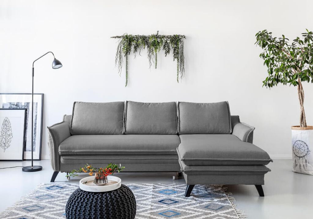 MIUFORM Charming Charlie - Ecksofa mit Bettfunktion und Bettkasten L-FORM RECHTS - 228x150cm - Grau - Sofa Schlafsofa Couch