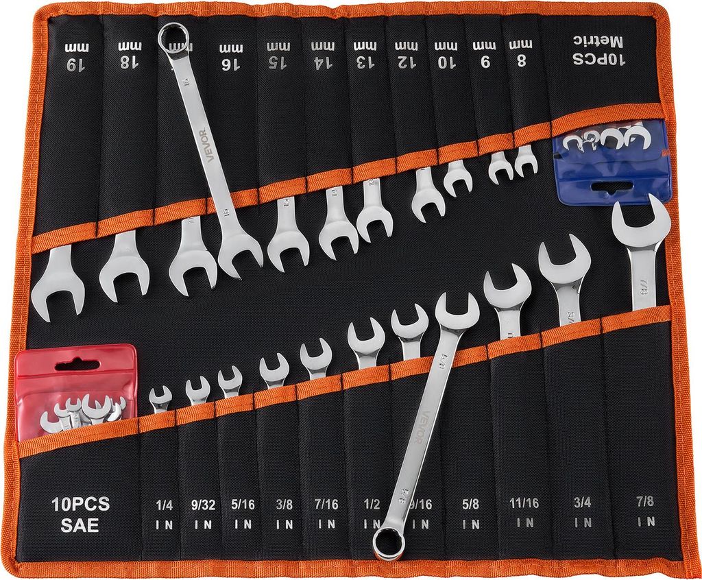 VEVOR Maulschlüsselset 42-tlg. (SAE & Metrisch), Gabelschlüsselsatz (12-Kant) Schraubenschlüsselset mit Rolltasche, Ringmaulschlüsselset aus Ko...