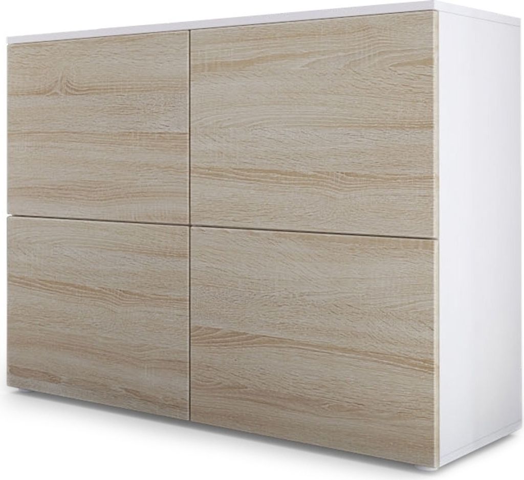 Vladon Sideboard Rova, Germany, Kommode mit 4 Türen, Weiß matt/Eiche Sägegrau (92 x 72 x 35 cm)