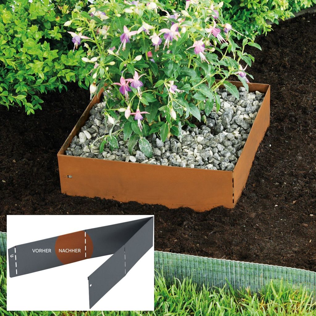 A raised garden bed border made of Corten steel is shown with a plant and gravel inside, surrounded by soil and grass. A smaller inset image shows a piece of the border material with text.