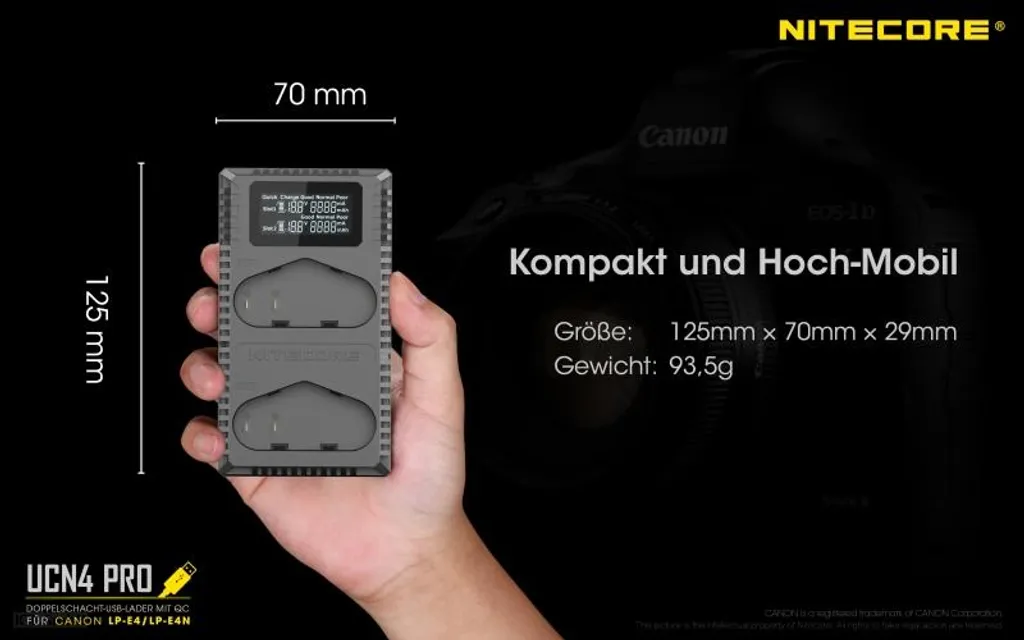 Chargeur Rapide Nitecore UCN4 PRO avec Écran LCD pour Gamme Canon 1D - 10