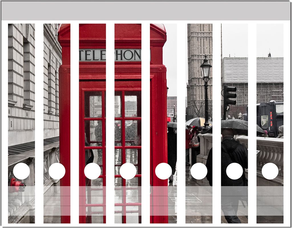 Wallario Ordnerrücken Sticker, selbstklebend für schmale Ordner, 8 Stück, Motiv Rote Telefonzelle in London England mit Big Ben
