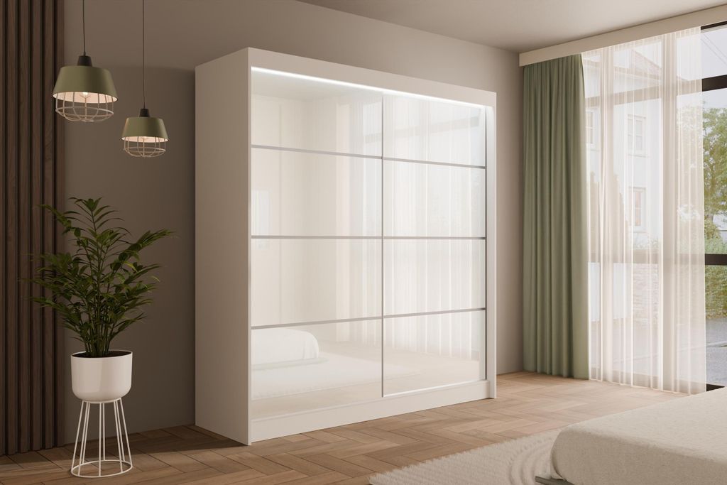 ALTDECOR Kleiderschrank mit Lacobel-Schiebetüren, kugelgelagerte Führungsschienen und Aluminium- Leisten, LED-Beleuchtung (weiß + 16 Farben) und...