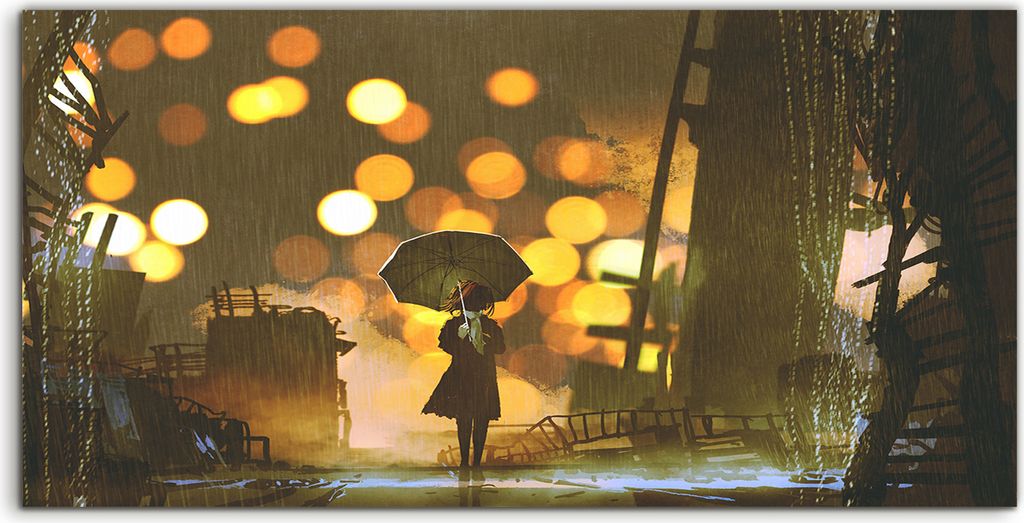 Coloray - Glasbild - 100x50 cm - Wandbild - Glasbilder - regnerische Nacht Frau mit Regenschirm