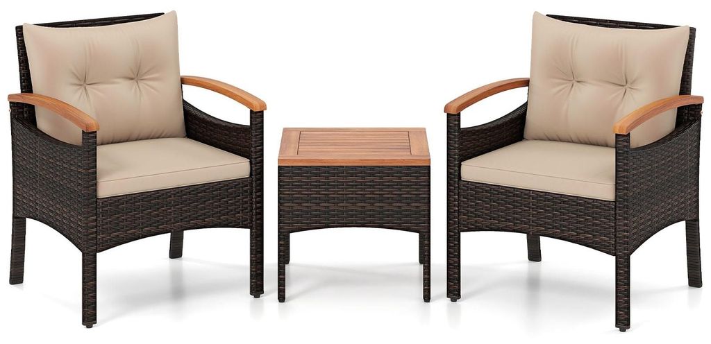 Set da giardino in rattan da 3 pezzi con tavolo in acacia e Immagine del prodotto 