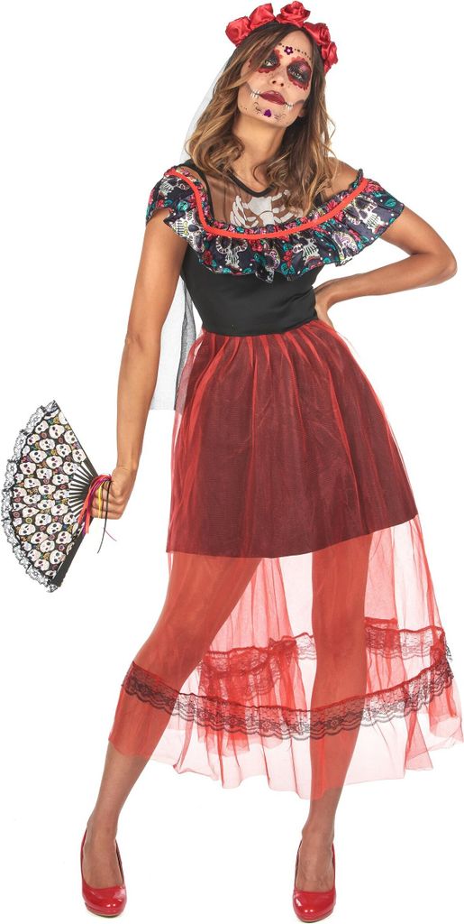 Tag der Toten Kleid Halloween-Kostüm für Damen rot-schwarz - S