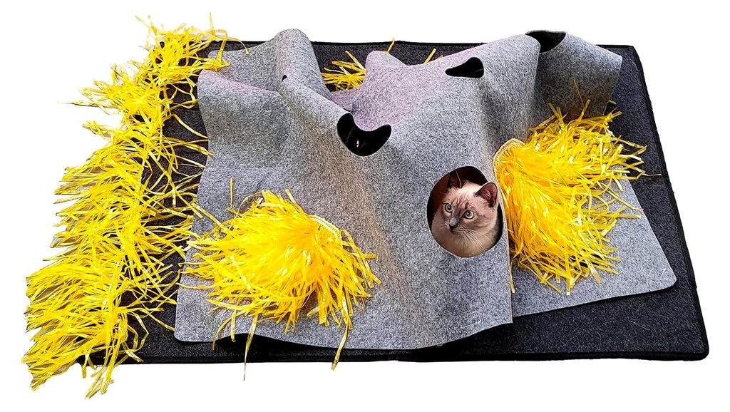 Katzenteppich aus Filz für Kätzchen und Katzen mit Löchern und Fransen, Spielmatte, Kratzmatte, Schnüffelteppich in Grau, Intelligenzspielzeug ...
