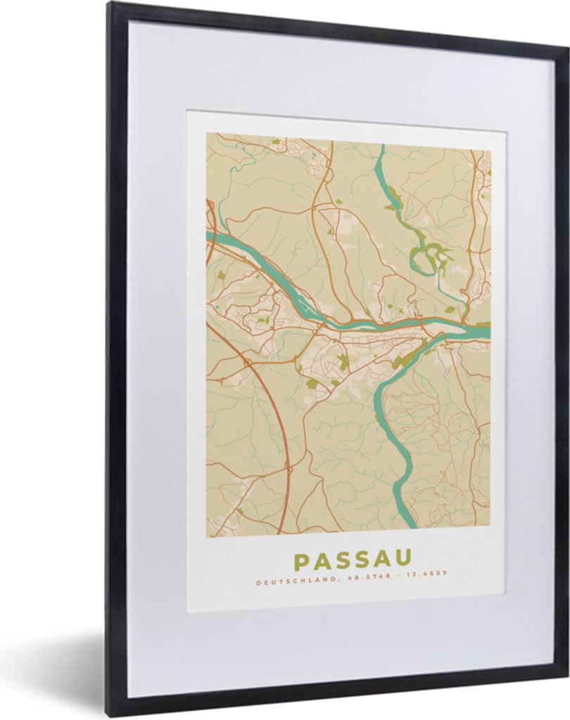 MuchoWow Gerahmtes Poster Jahrgang - Passau - Stadtplan - Karte 30x40 cm - Poster mit Schwarzem Bilderrahmen Wandposter Rahmen Foto Bilder - Wand...