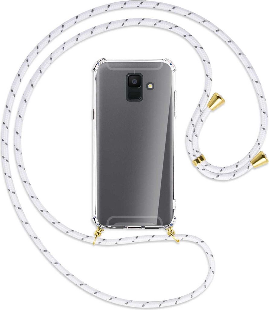 Handykette Backcover-Schutzhülle mit Band (Metall goldfarben) für Samsung Galaxy A6 2018 - weiß/grau
