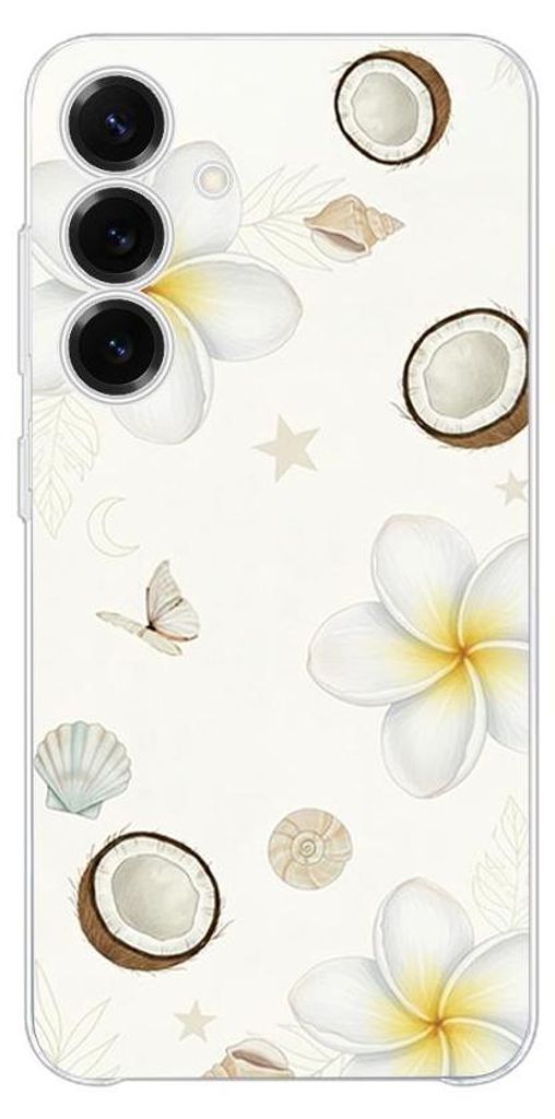 Flexible Hülle für das Samsung Galaxy S25 Plus, Kameraschutz, TPU Silikon transparent, hawaiianische Kokosnüsse