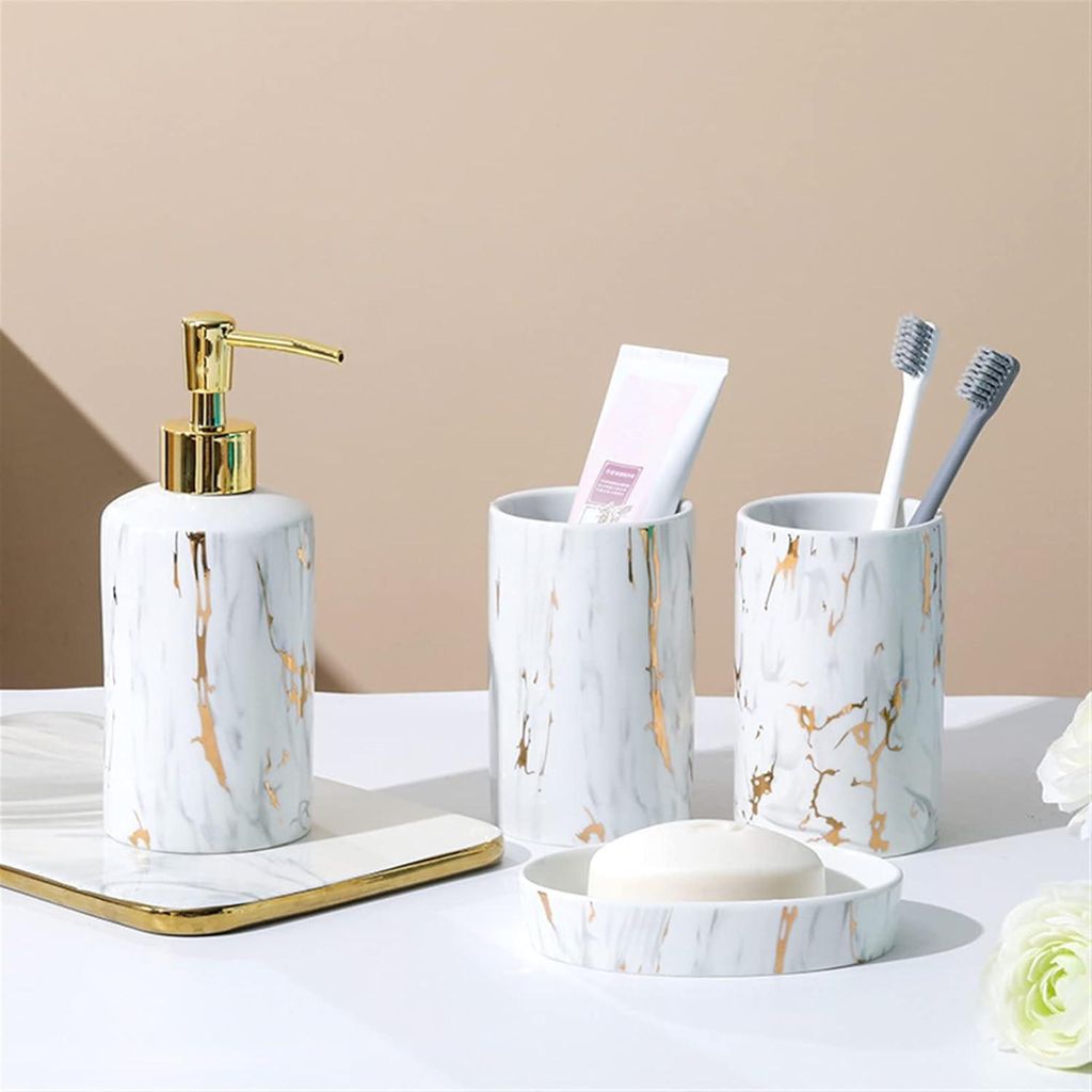 Fortuna Lai Badezimmer Zubehör Set Modernes Keramik 4 Teiliges Badezimmer Set Luxus Arbeitsplatten Zubehör Set Seifenschale, Zahnbürstenhalter, ...