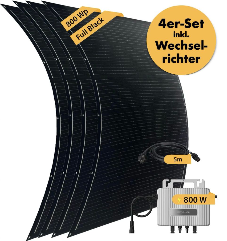 VALE Flexibles Balkonkraftwerk 800 Wp Komplettset – 4 x 200W Full Black Solarmodule, ultraleicht & biegsam mit EcoFlow Wechselrichter mit App & W...