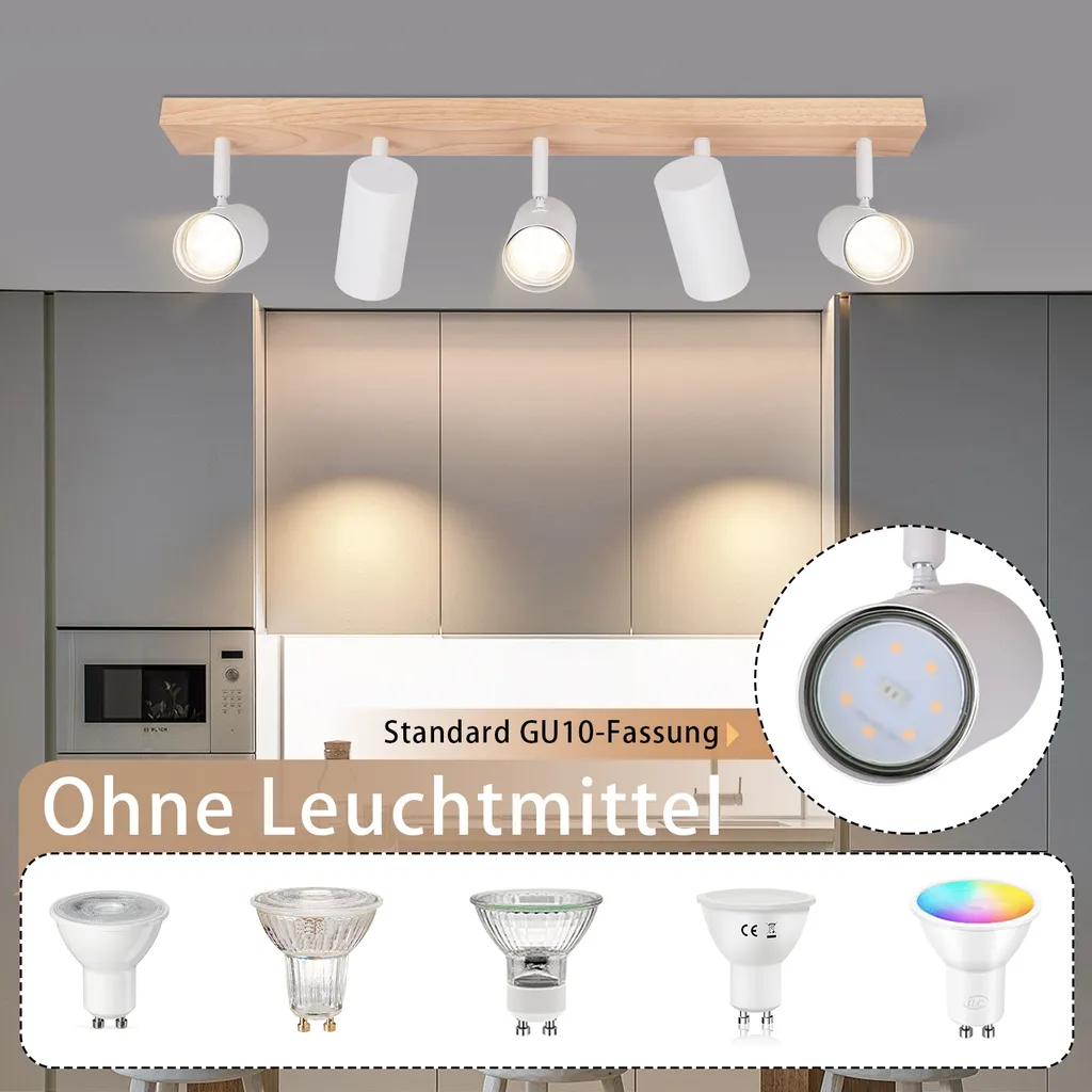 ZMH plafoniera 5 fiamme faretto soffitto legno plafoniera bianca spot soffitto GU10 lampada soggiorno 350° lampada corridoio soffitto faretto corridoio per camera da letto cucina soggiorno senza lampadine - 4