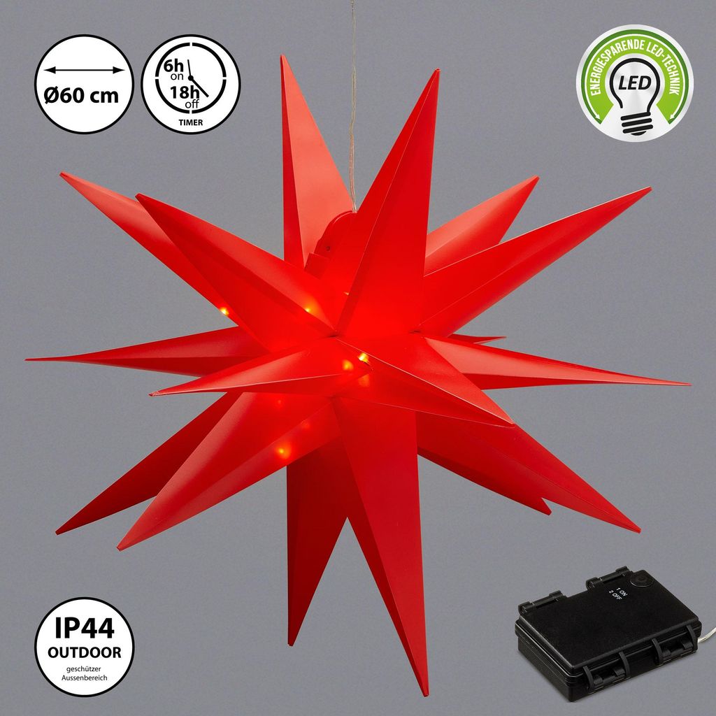 A red star-shaped LED light decoration, likely for Christmas, is shown hanging against a plain gray background. Several informational icons are visible in the corners.