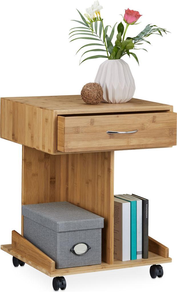 relaxdays Beistelltisch mit Rollen ROLLI Bambus