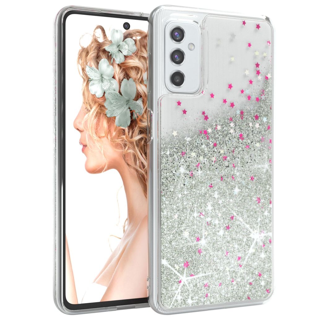 EAZY CASE - Glitzer Hülle kompatibel mit Samsung Galaxy M52 5G Glitzer Schutzhülle, Soft Case, Backcover Transparent mit Motiv