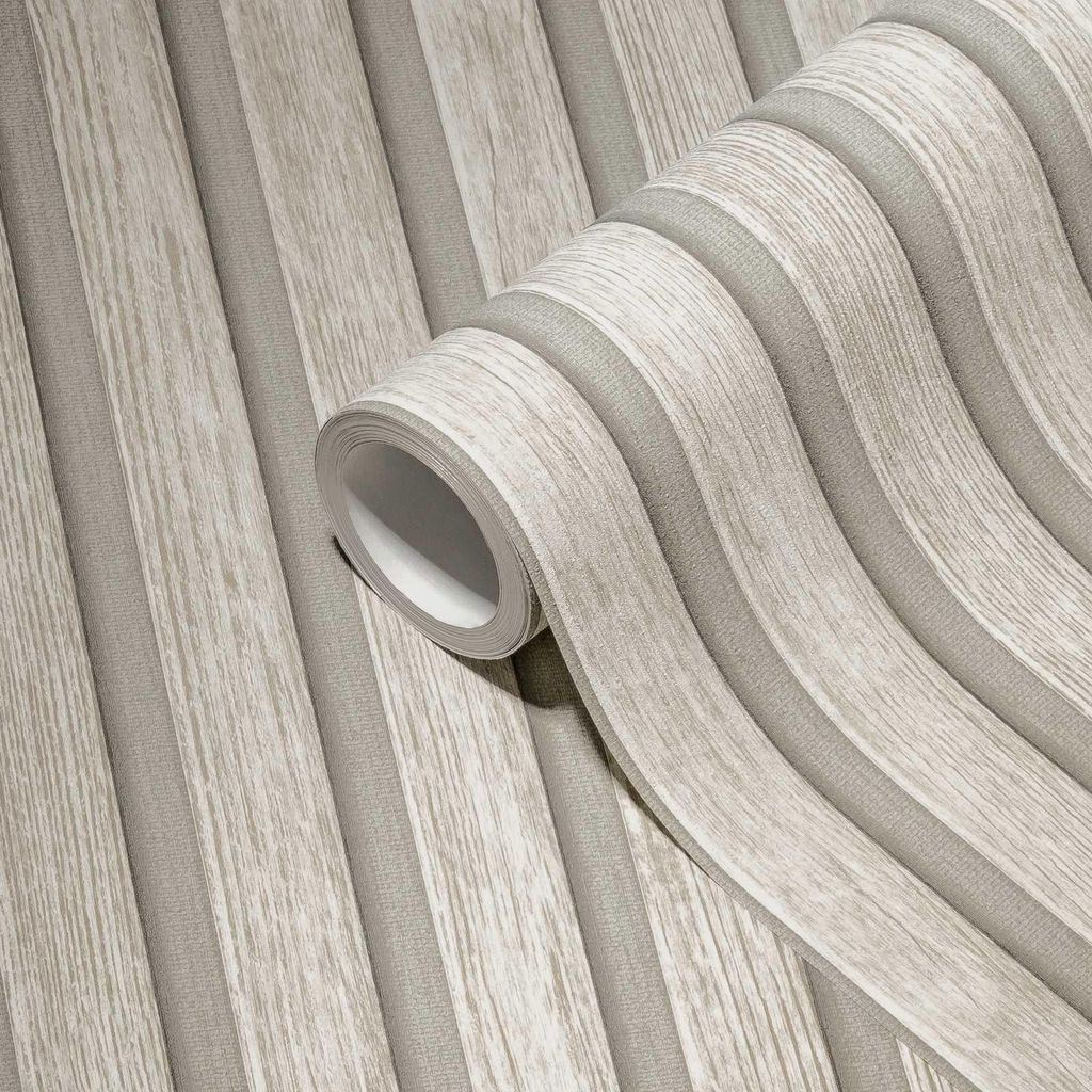 Vliestapete mit Holzpaneel-Muster – Grau, Creme Produktbild 