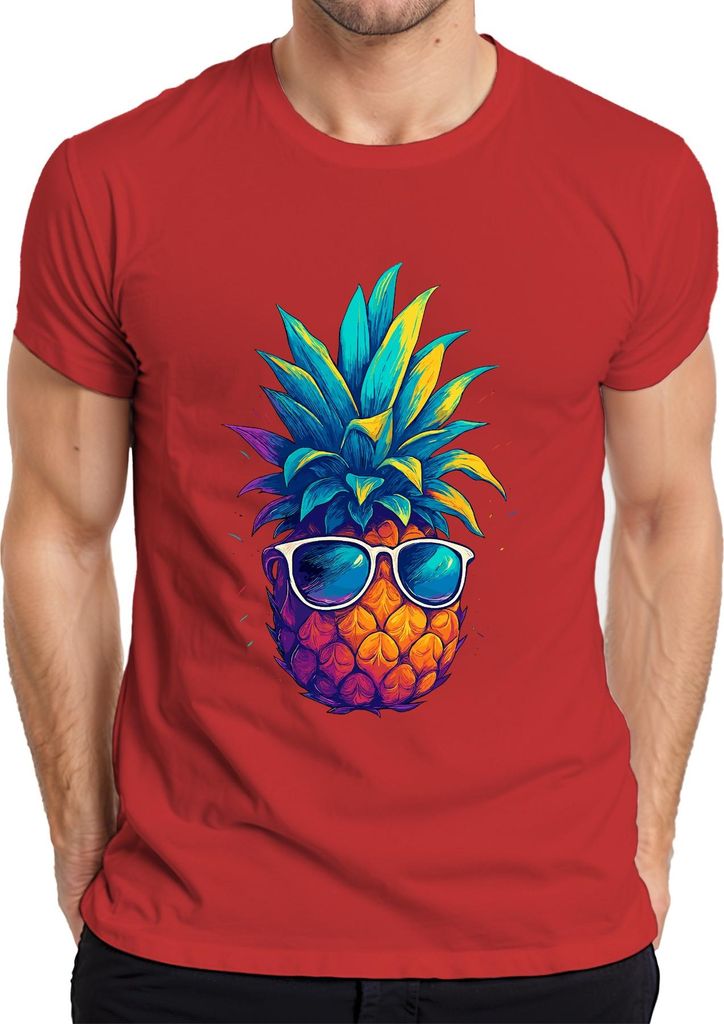 Ananas Sonnenbrille bunt tropisch Sommer Urlaub Hawaii Retro Herren T-Shirt, Rot, XL