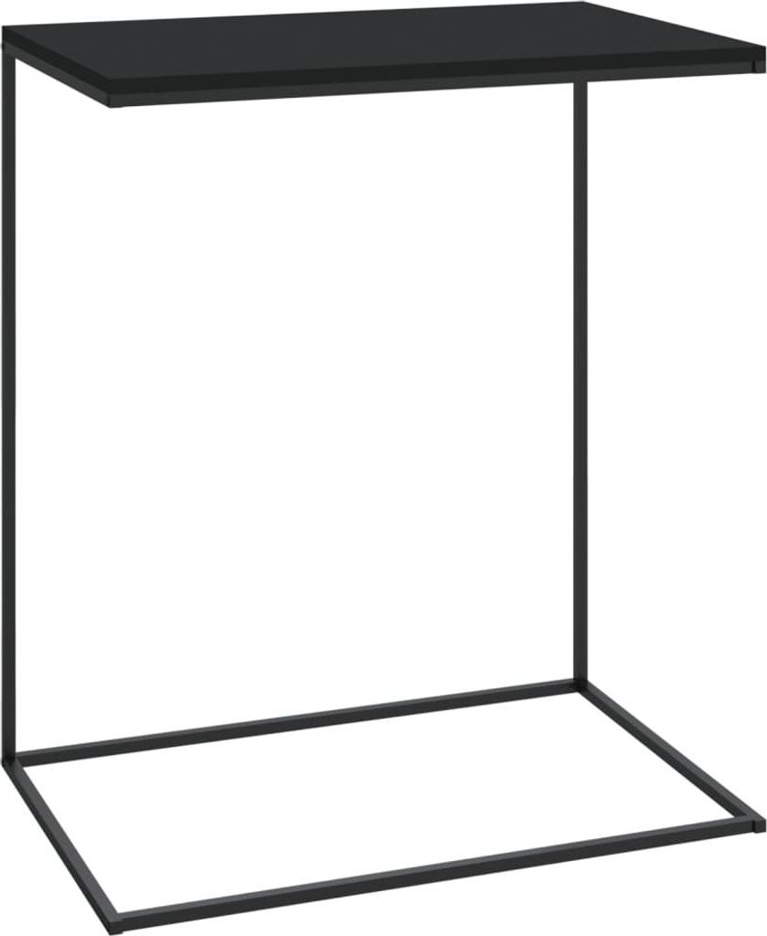 A black side table with a minimalist design, shown against a white background.