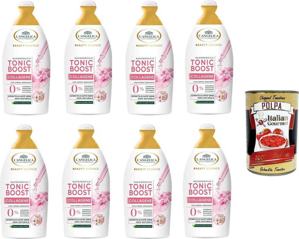 L'Angelica Beauty Essence Body Wash Tonic Boost Collagen mit Grünkaffee-Extrakt – 8x 520 ml+ Italian Gourmet polpa 400g