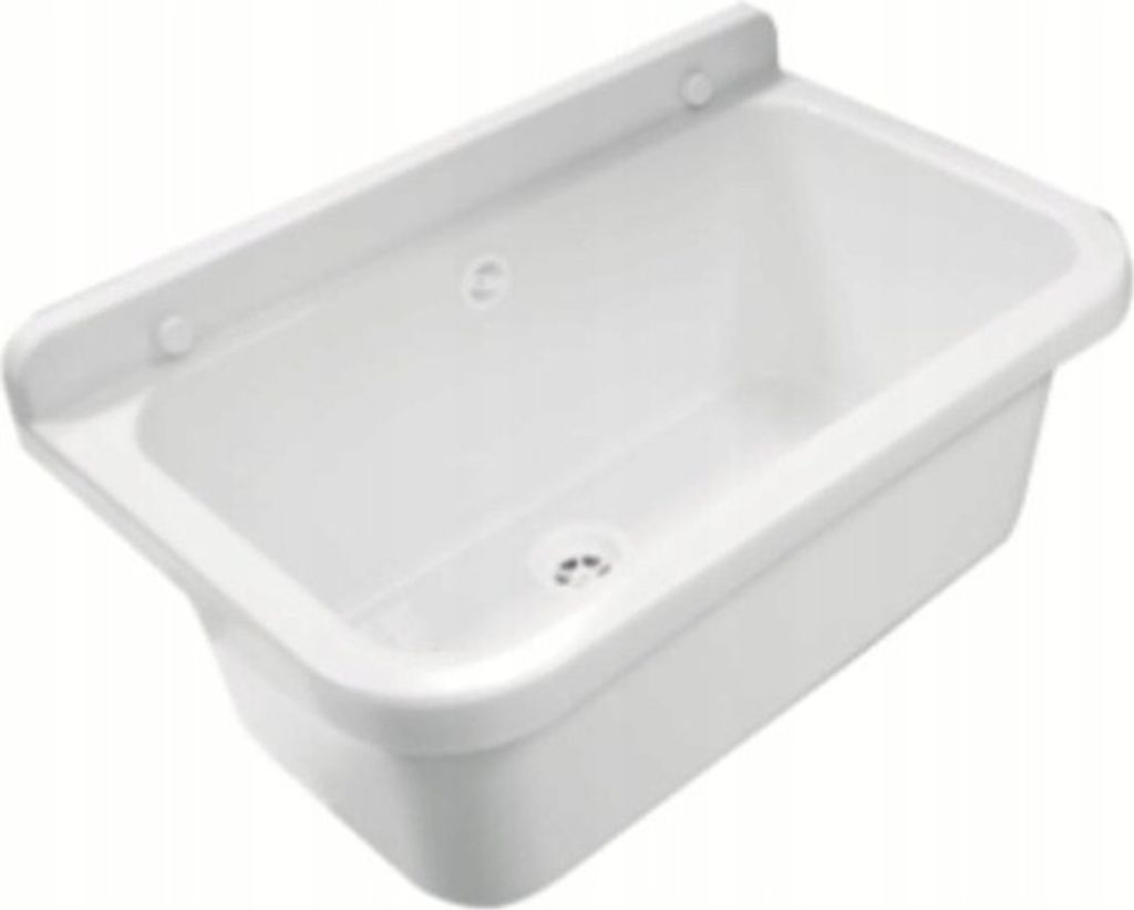 A white sink basin with a raised back edge and a drain.
