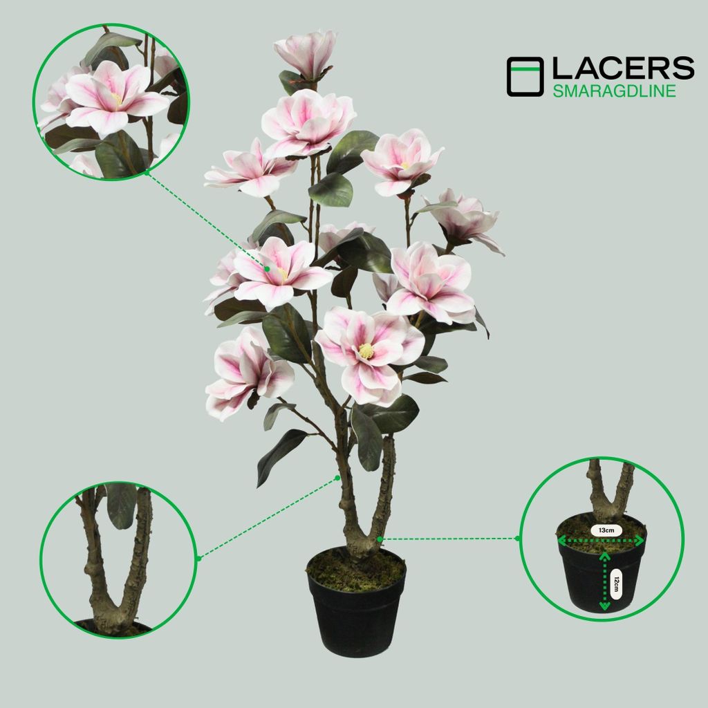 Lacers SMARAGDLINE künstliche Magnolie im Topf - 95cm - Dekorative Kunstpflanze - wie echt wirkende Blätter & Blüten für ihr Zuhause & Büro