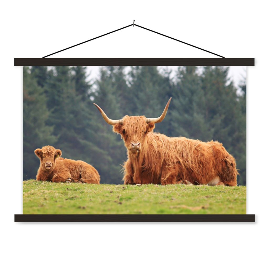 MuchoWow Textilposter Schottische Highlander - Gras - Wald 120x80 cm mit schwarzem Rahmen - Wanddeko