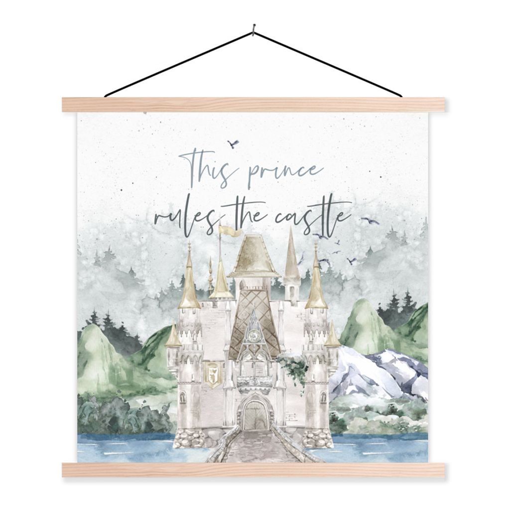 MuchoWow Textilposter Zitate - Dieser Prinz regiert das Schloss - Sprichwörter - Kinder - Baby 120x120 cm mit holzfarbenen Rahmen - Textil-Poster