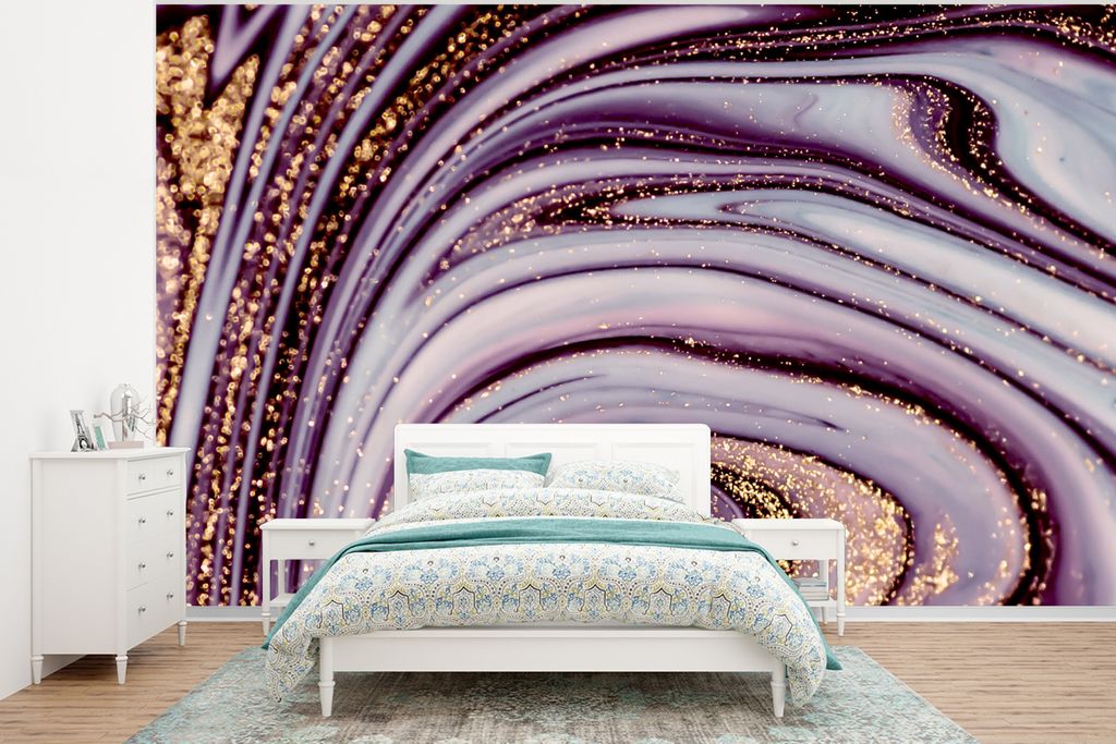 MuchoWow Fototapete für Wohnzimmer oder Schlafzimmer Wandtapete Vinyl Motivtapete Marmor - Rosa - Gold - Glitter - Marmoroptik - Luxus - 295x220...