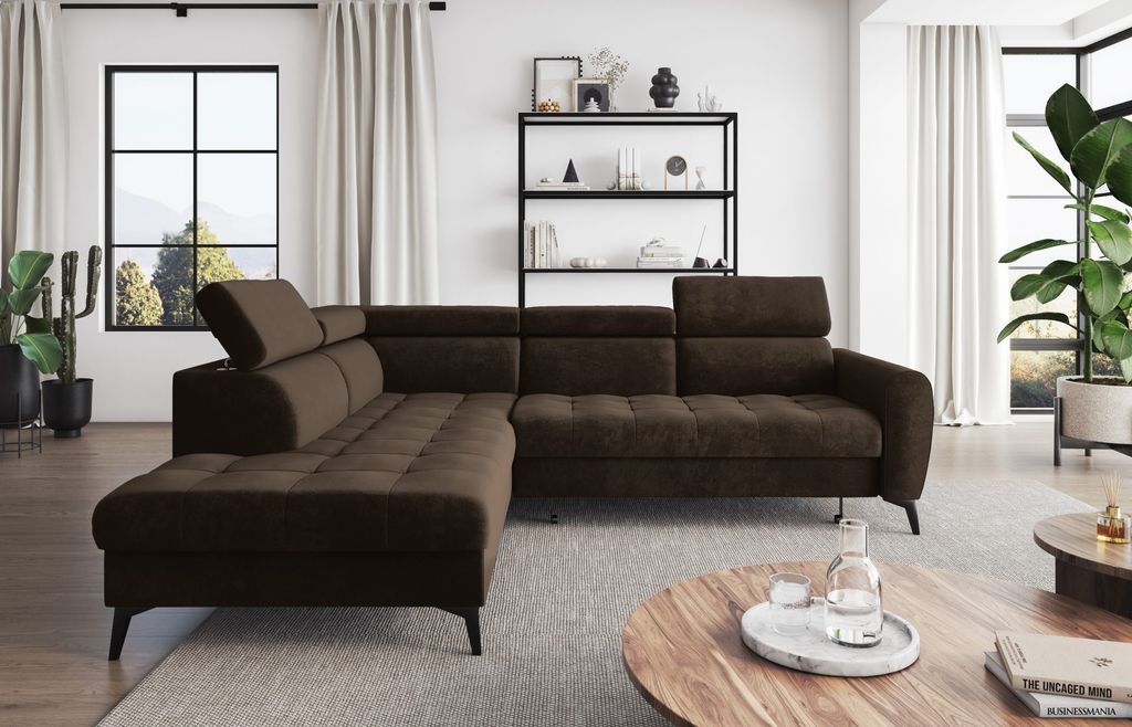 Easy4You Ecksofa BJORN Velvet L-Form Braun – 260x101x215 cm - Schlafsofa mit Bettkasten und Schlaffunktion - Eckcouch mit Stauraum - Verstellbare...