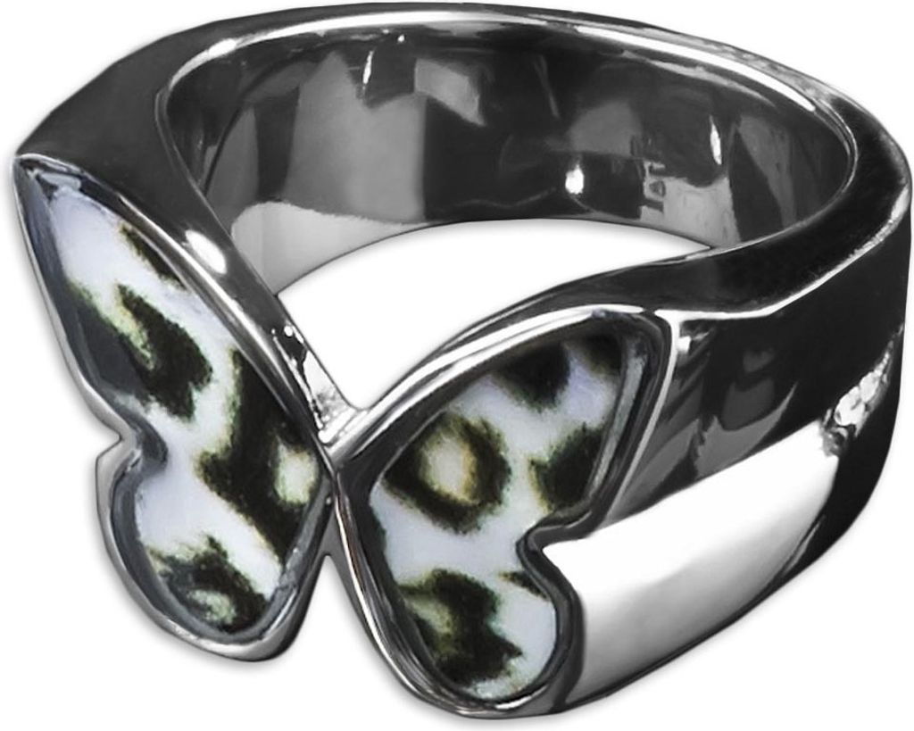 viva-adorno Gr. 53 (16,8 mm Ø) Edelstahl Damen Ring Schmetterling Buntes Motiv Animal Print Muster Fingerring Rockabilly RS47 Leo weiß