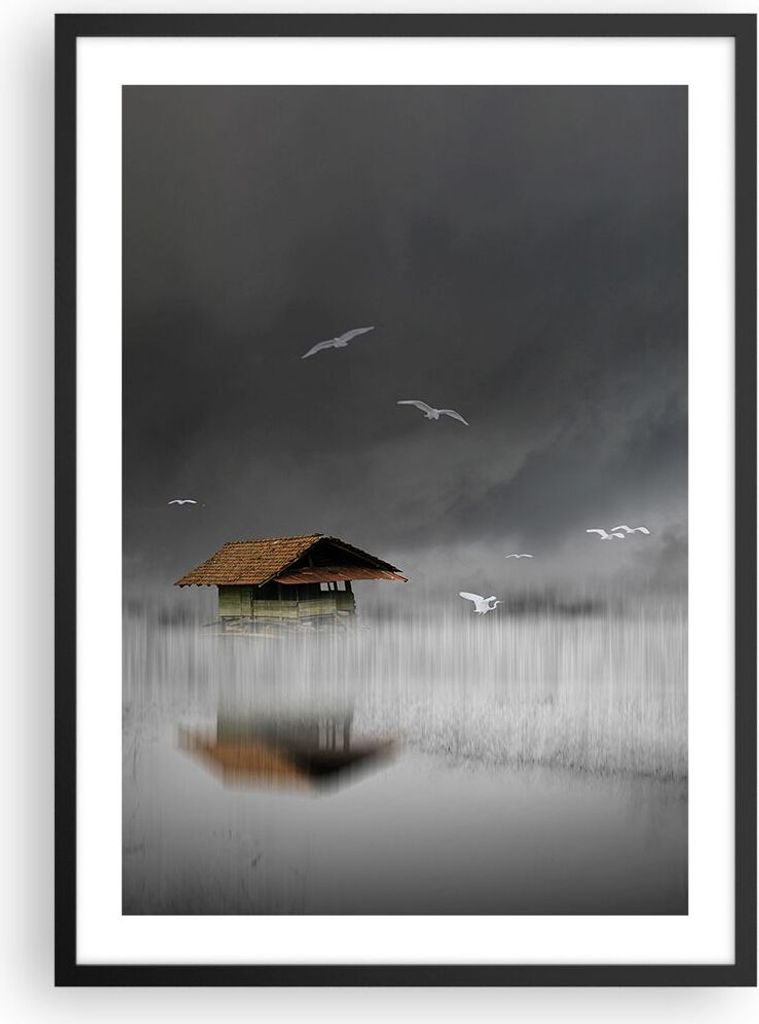Gerahmtes Poster - Schwarzer Rahmen - Hütte Nebel Sumpf - 50x70 cm - Wand Bild - Wanddeko - Wandbilder - Kunstposter - Wandposter - Bilderrahmen -...