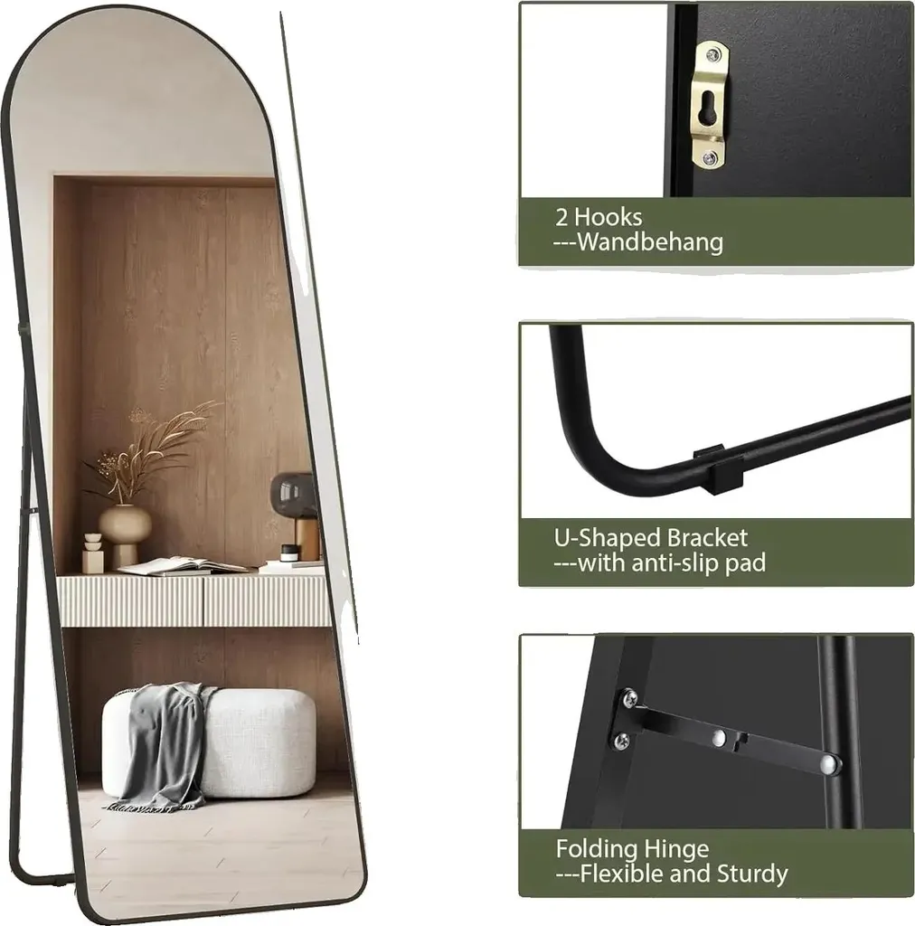 Grand miroir sur pied ou mural avec cadre noir bombé design chic