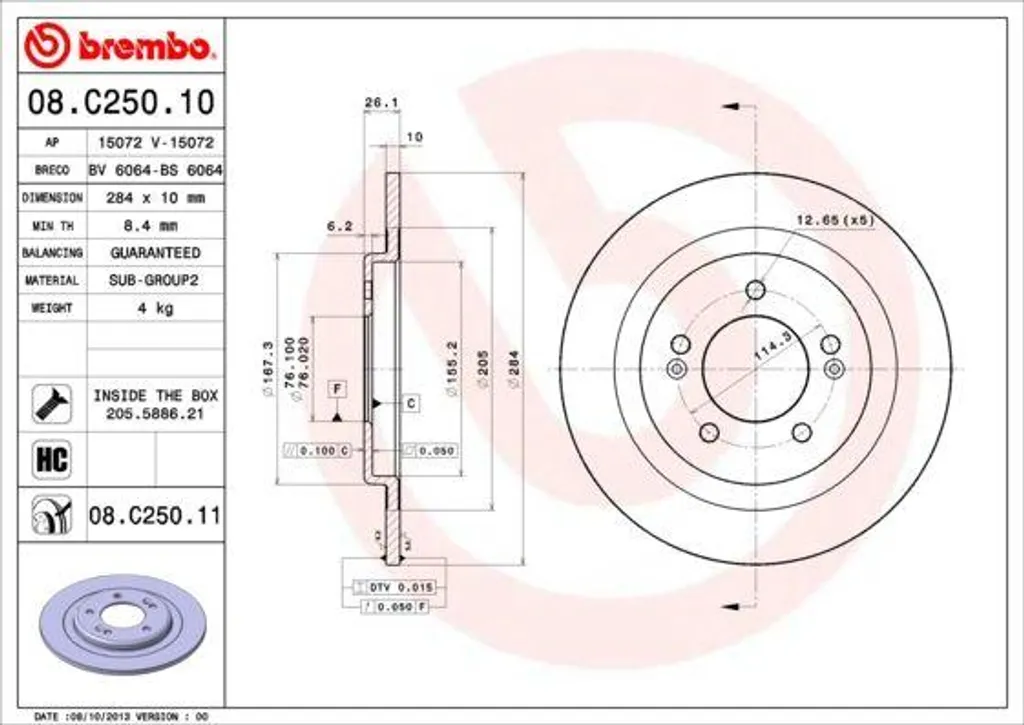 Disque de frein Brembo 08.C250.11 pour i30 et CeeD - Qualité OE 58411A6200
