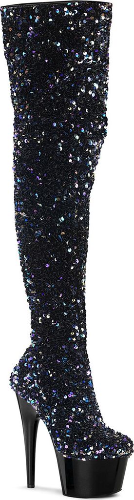 ADORE-3020 Pleaser vegane Damen Plateauoverkneestiefel schwarz Multi Pailletten