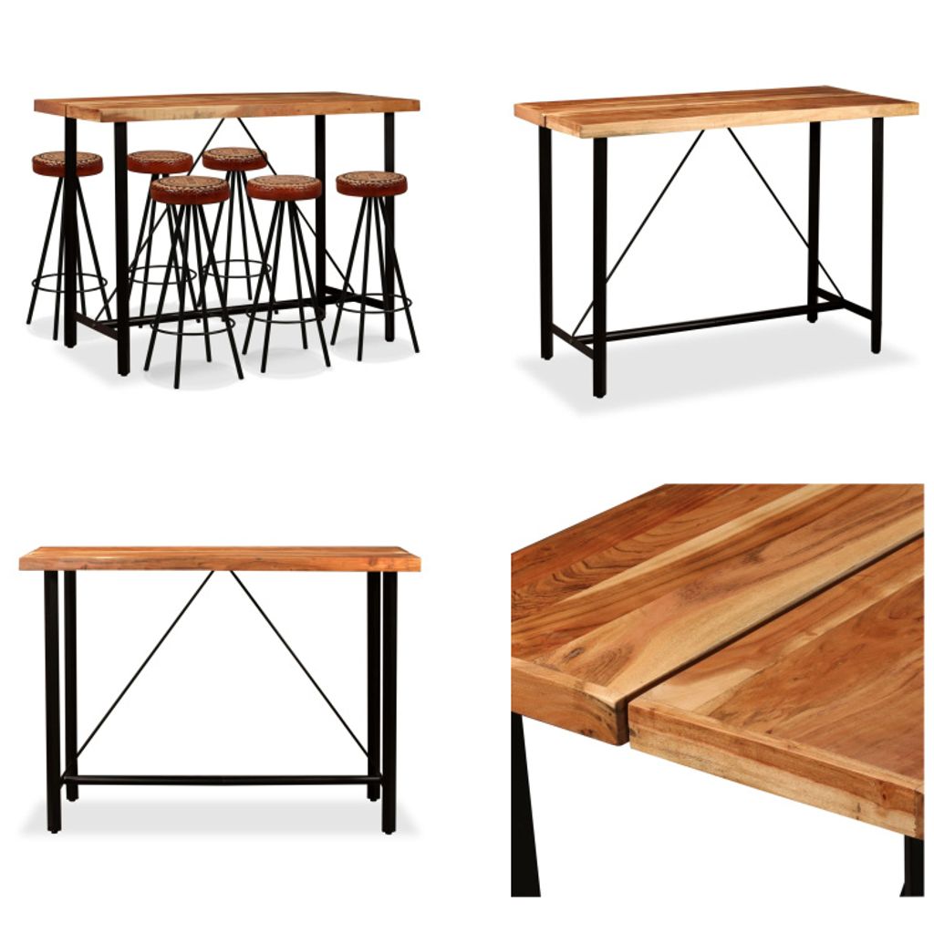 vidaXL Bar Set 7 tlg. Akazie Massivholz, Echtleder und Canvas - Bar-Set - Bar-Sets - Bartisch Und Barhocker - Bartische