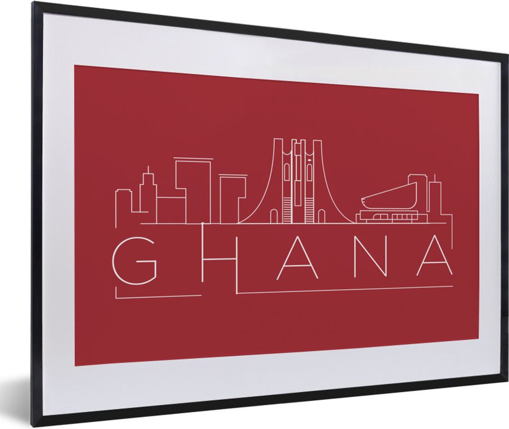 MuchoWow MuchoWow Gerahmtes Poster Skyline "Ghana" auf rotem Hintergrund 60x40 cm - Poster mit zchwarzem Bilderrahmen - Schlafzimmer - Plakat i...