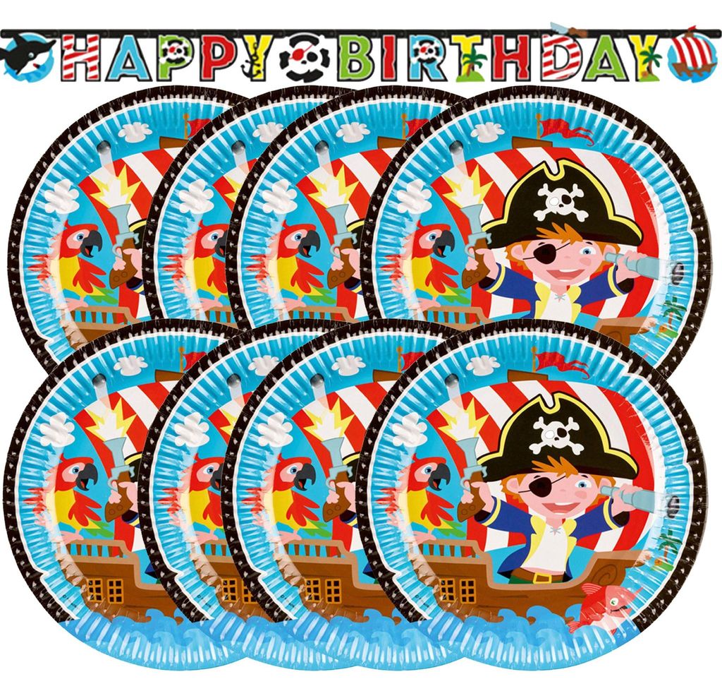 Übersicht über das Piraten-Party-Set mit acht Tellern und einem Happy-Birthday-Banner.