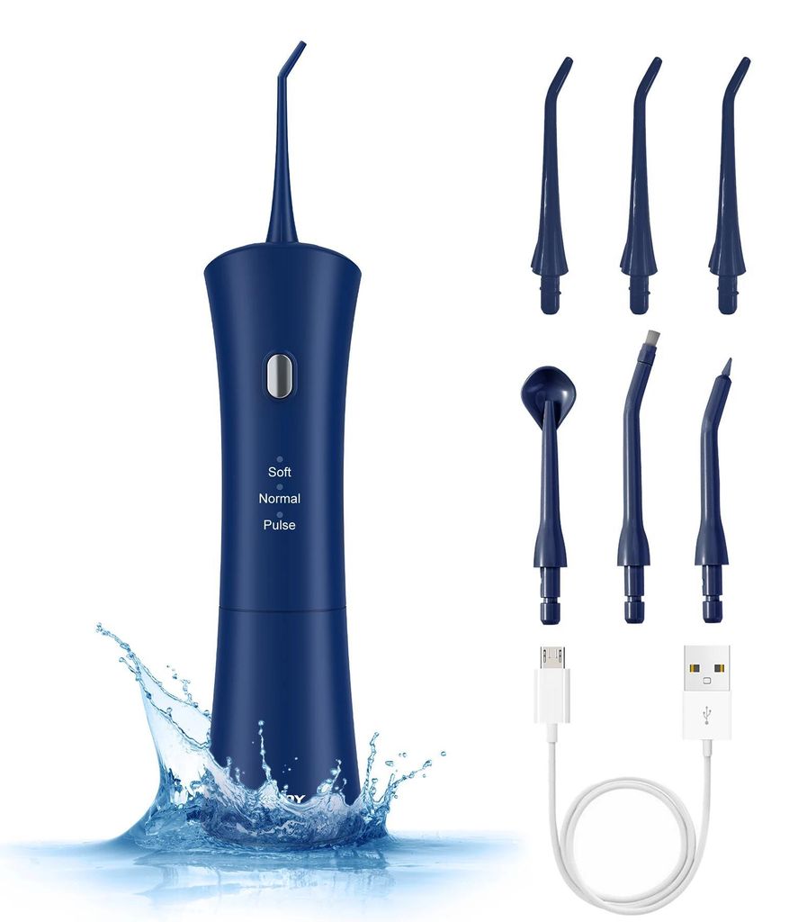 Tragbare Munddusche - Elektrischer Oral Irrigator Wasserflosser - 3 Stufen, 5+ Aufsätze, Pulsstrahl 1200–1599 ppm, 100–199 ml Wassertank, blau