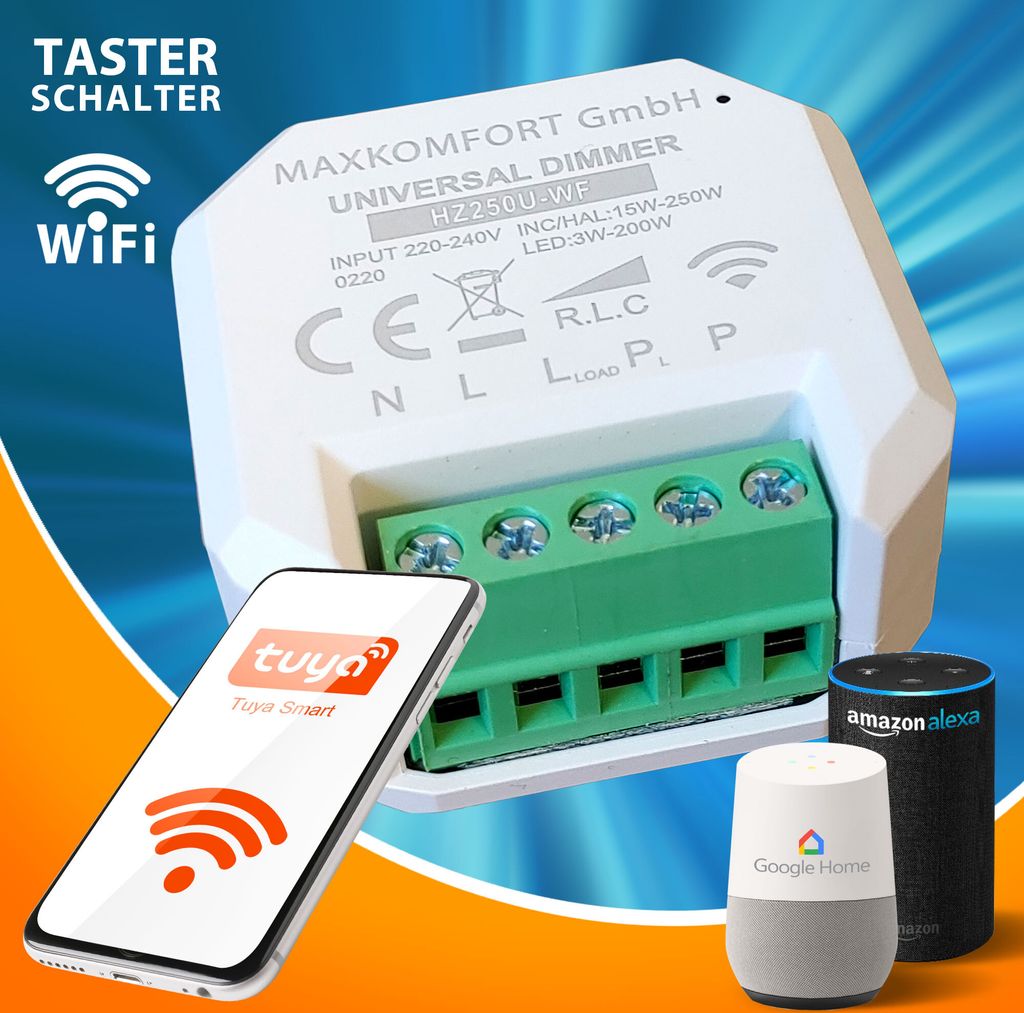SMART Dimm-Schalter Dimmer Modul unterputz Lichtschalter R,L,C, WIFI universal LED 3-200 Watt | App Alexa und Google Steuerung möglich | LED 3-200...