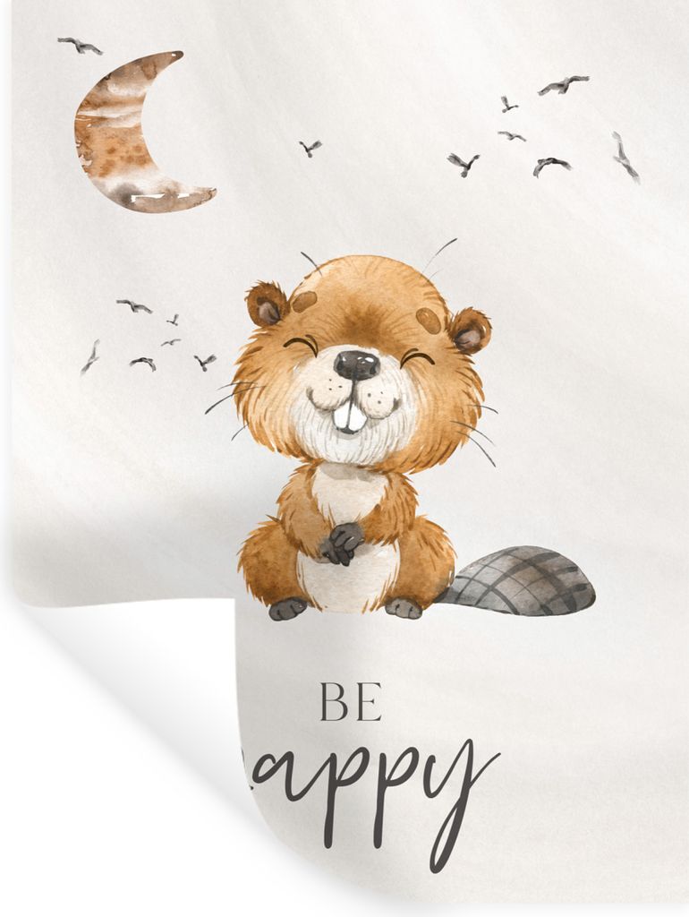 MuchoWow Wandtattoo Wandsticker Wandaufkleber Zitate - Glücklich sein - Kinder - Mond - Biber - Aquarell 30x40 cm Selbstklebend und Repositionie...