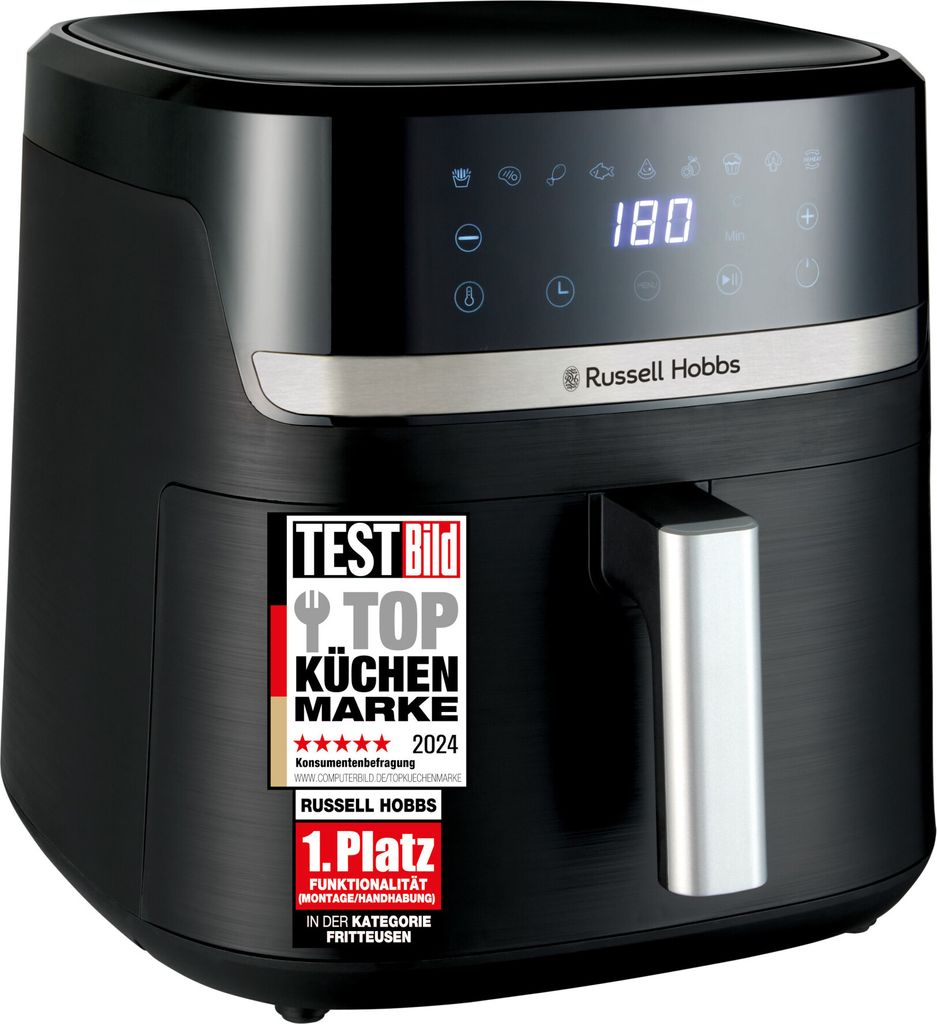 A black Russell Hobbs air fryer is shown from the front-left angle.
